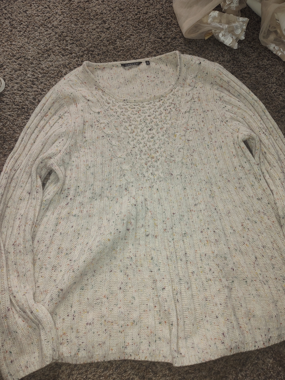 Hannah Cable Knit Cream Sweater with Multicolor Speckle